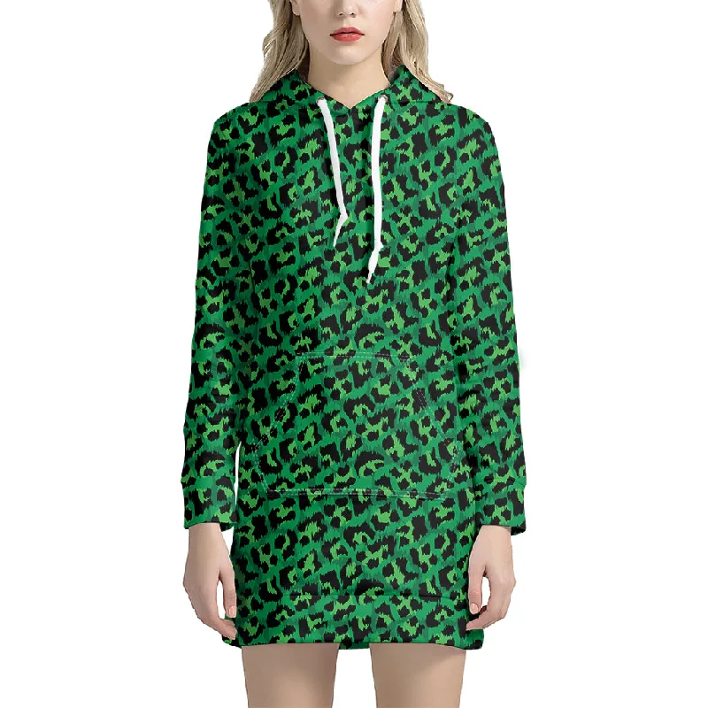 Green Leopard Print Pullover Hoodie Dress