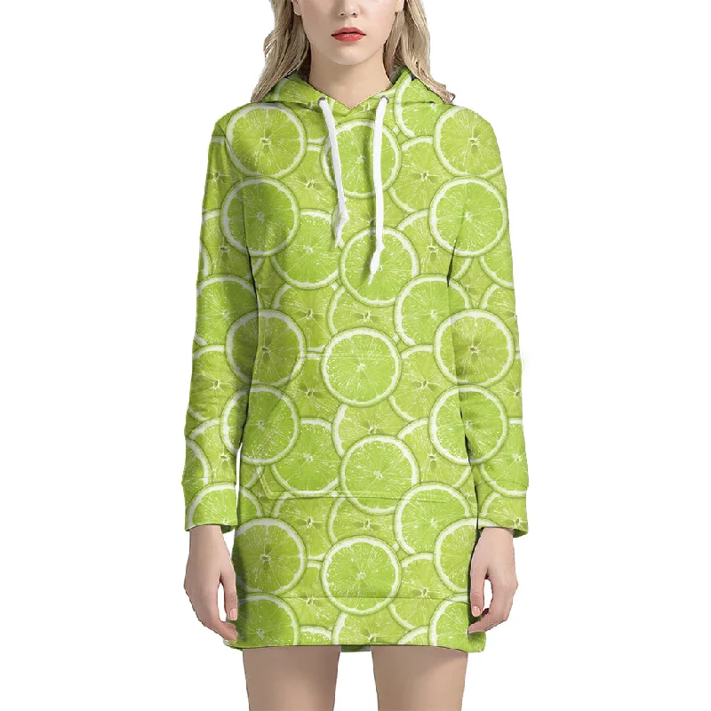 Green Lime Slices Pattern Print Pullover Hoodie Dress