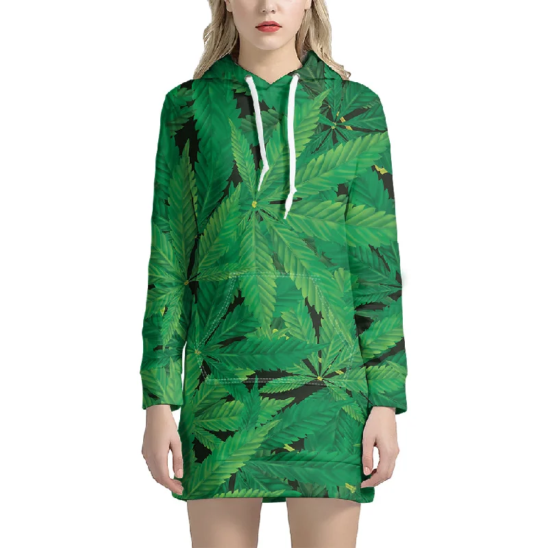 Green Marijuana Leaf Print Pullover Hoodie Dress