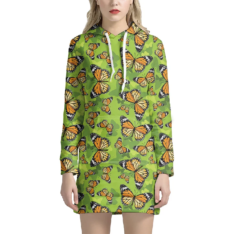 Green Monarch Butterfly Pattern Print Pullover Hoodie Dress