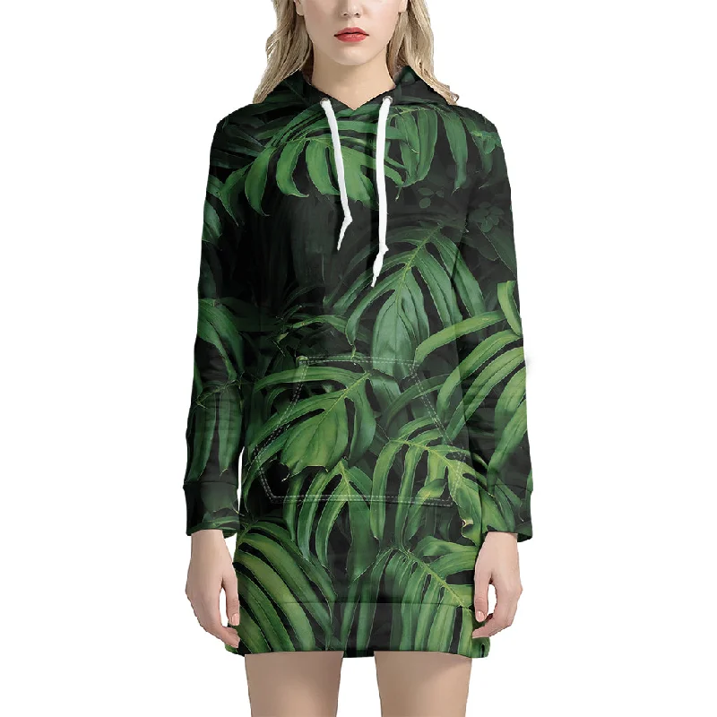 Green Monstera Leaf Print Pullover Hoodie Dress