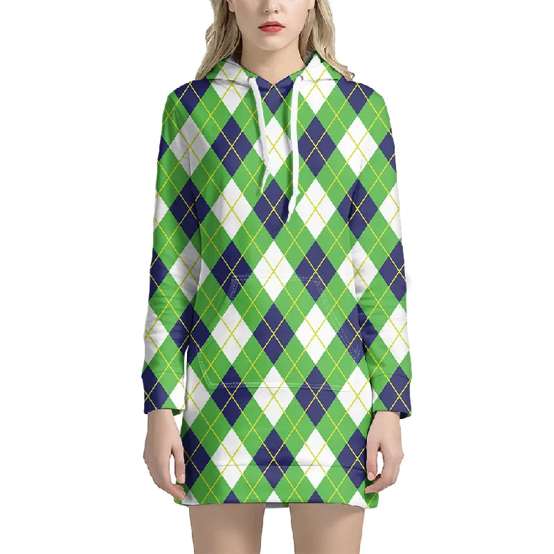 Green Navy And White Argyle Print Pullover Hoodie Dress