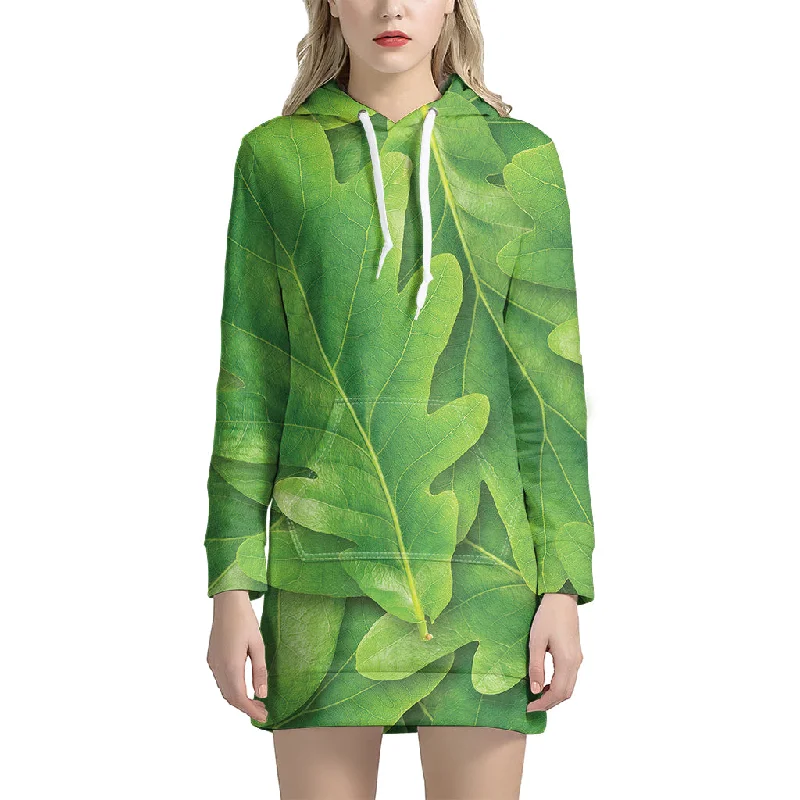 Green Oak Leaf Print Pullover Hoodie Dress