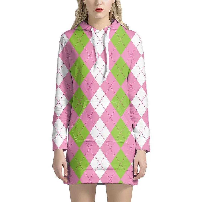 Green Pink And White Argyle Print Pullover Hoodie Dress