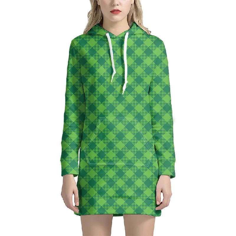 Green Plaid Saint Patrick's Day Print Pullover Hoodie Dress