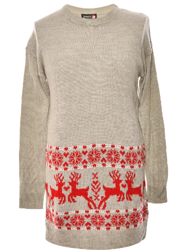 Grey & Red Nordic Jumper - M Zippered Buttoned Snapped