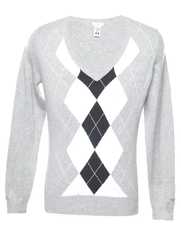 Izod Argyle Grey Jumper - M Slim Fit Regular Fit Oversized