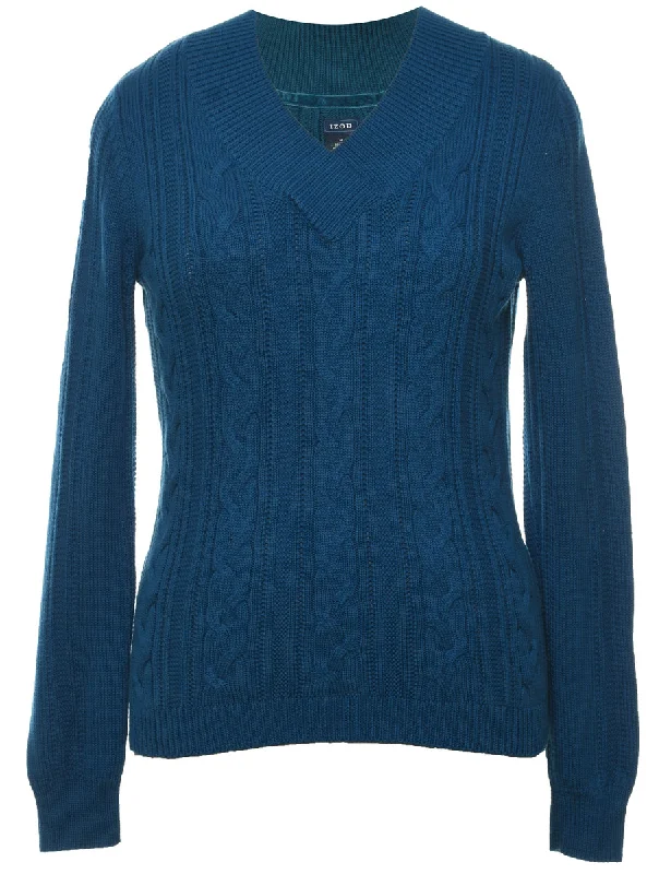 Izod Cable Knit Blue Jumper - M Handmade Hand-knitted Hand-woven