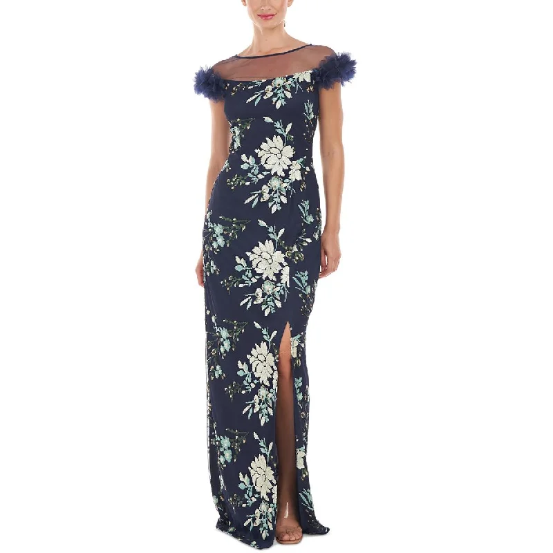 JS Collections Womens Hally Sequined Mesh Evening Dress