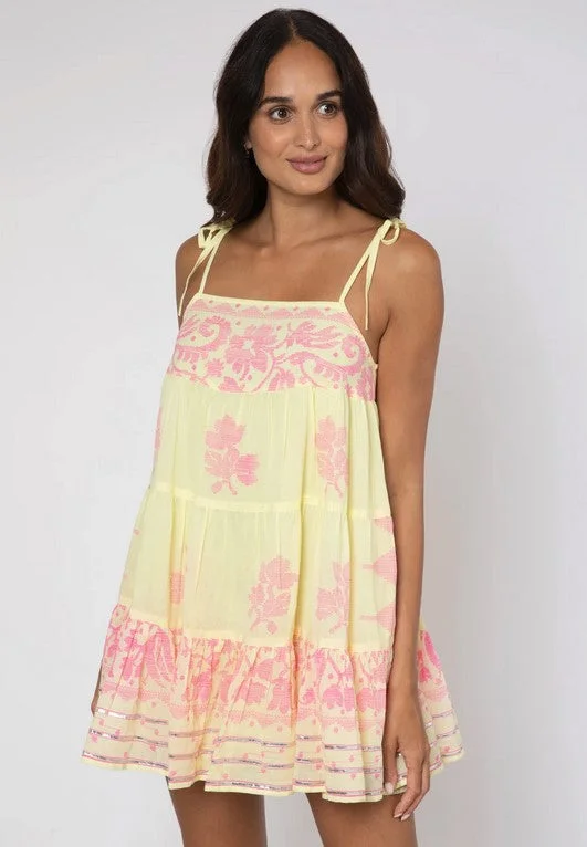 Juliet Dunn Dhaka Print Trapeze Dress - Yellow/Fuschia