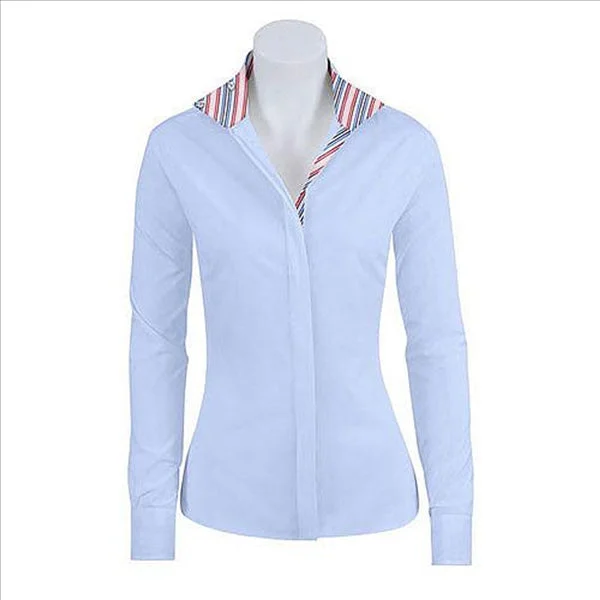 L413C RJ Classics Ladies Prix Hunter/Jumper Long Sleeve Show Shirt Blue w/Stripe Trim Collared Crew Neck Turtle Neck