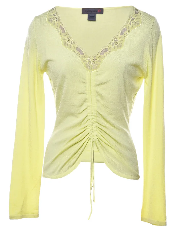 Lace Trim Yellow Jumper - L Graphic Sweater Embroidered Appliqued