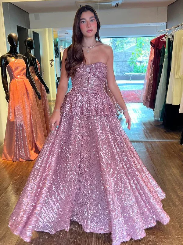 Lyricism | Blush Pink Strapless A-Line Sequins Long Prom Dresses