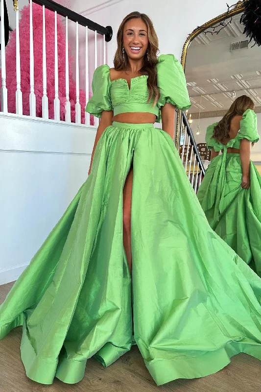 Makai | Green Two-Piece Puff Sleeves Satin Long Prom Dress With Split