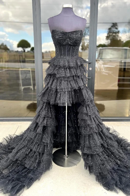 Nanette | Black Strapless High Low Ruffles Tulle Prom Dress