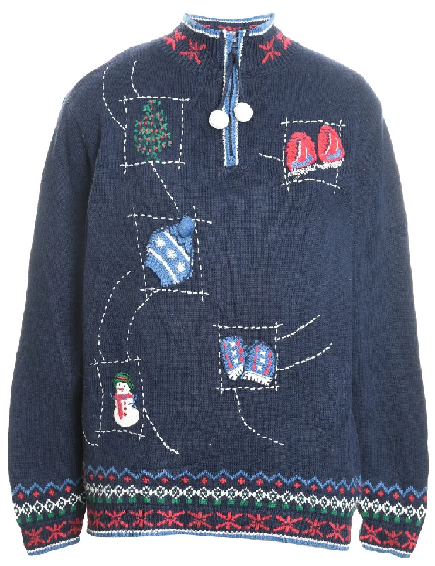 Navy, Red & White Embroidered Christmas Jumper  - M Sequined Glittery Shiny