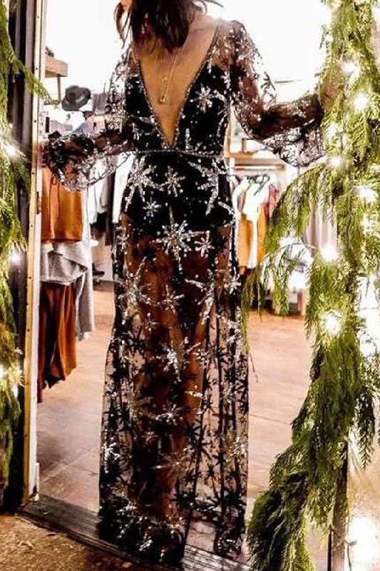 Plunge Neck Slit Embroidered Sheer Dress
