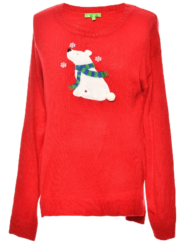 Polar Bear Christmas Jumper - L Handmade Hand-knitted Hand-woven