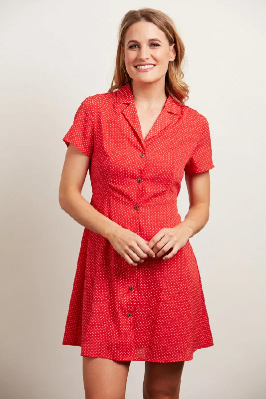 Polka Dot All Over Print Button Up Collar Red Dress