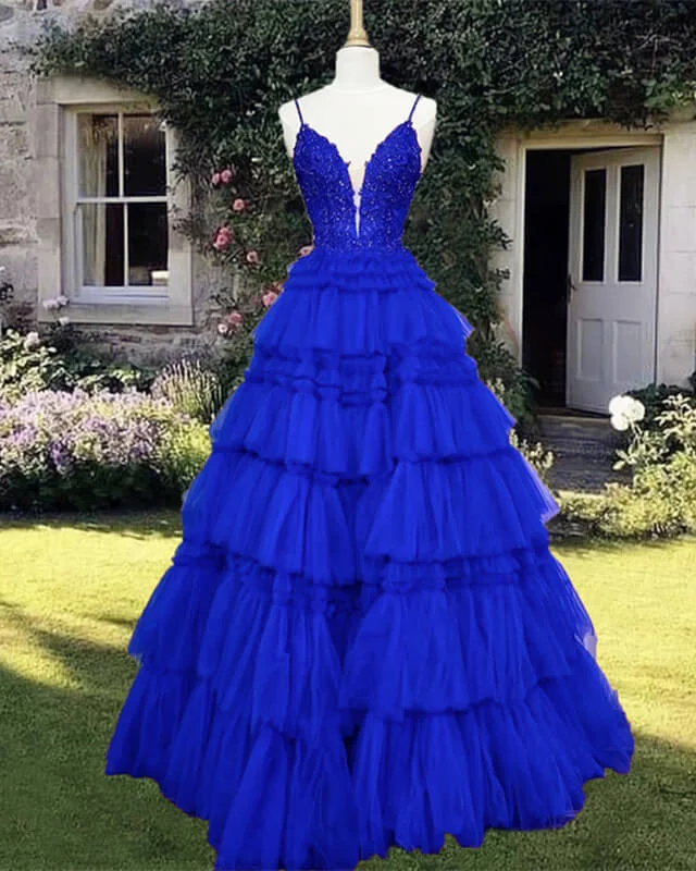 Lace V-neck Tiered Tulle Ball Gown Dress