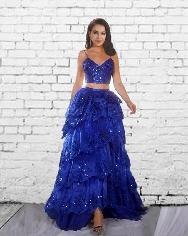 Two Piece Sequin Lace Ruffles Prom Dress