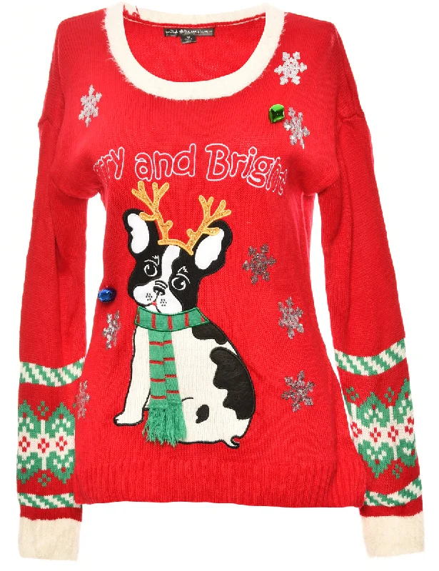 Pug Design Christmas Jumper - M Chenille Blend Fleece Blend Nylon Blend