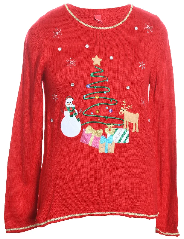 Red Embroidered Christmas Jumper - S Seamless Knitted Crochet