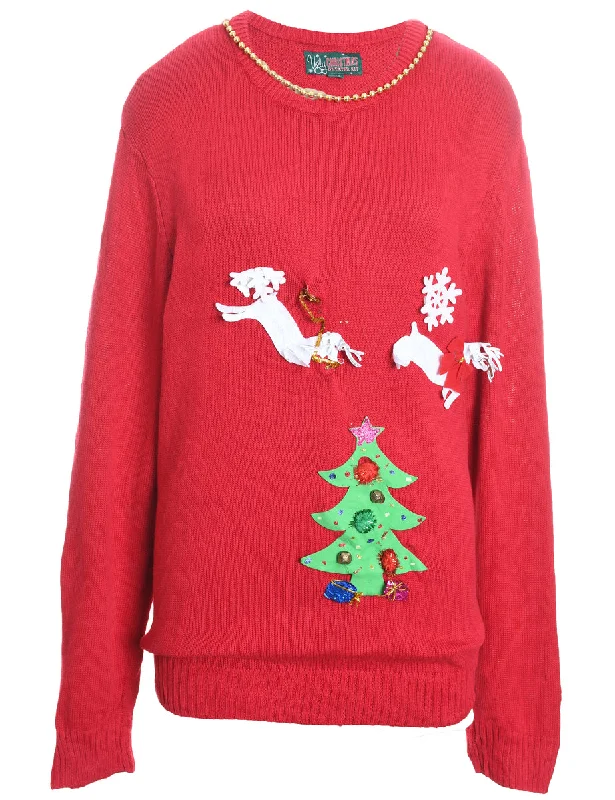 Red Knit Reindeer Design Christmas Jumper - XL Modern Contemporary Chic