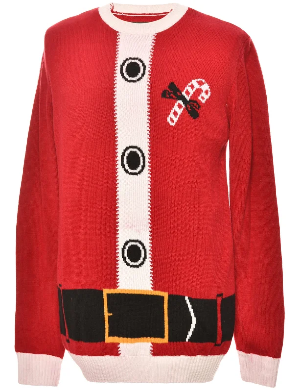 Red Santa Claus Christmas Jumper - L Ribbed Striped Patterned