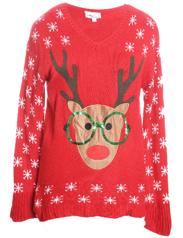 Reindeer Christmas Jumper - L Herringbone Houndstooth Plaid