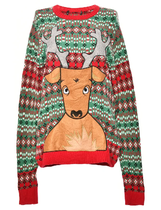 Reindeer Design Christmas Jumper - L Silk Blend Satin Velvet