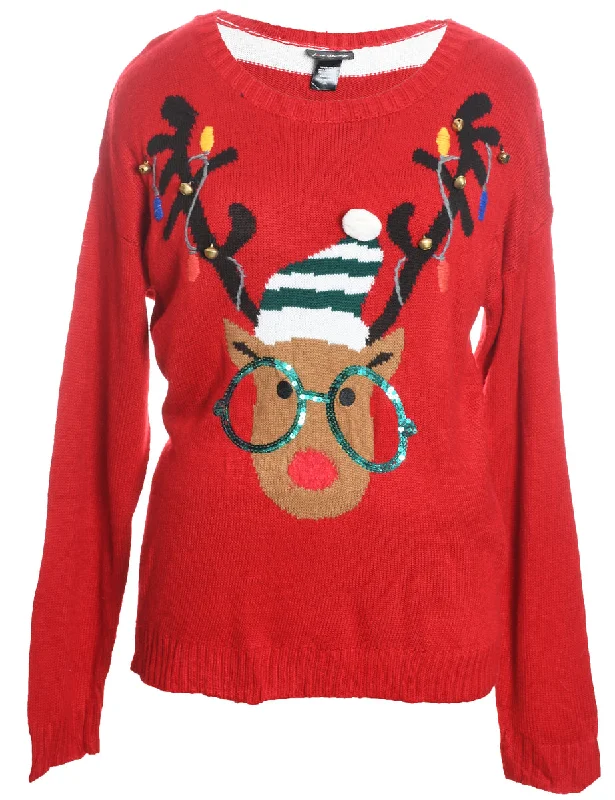 Reindeer Design Red & White Knit Christmas Jumper - XL Open Front Closed Front Wrap Front