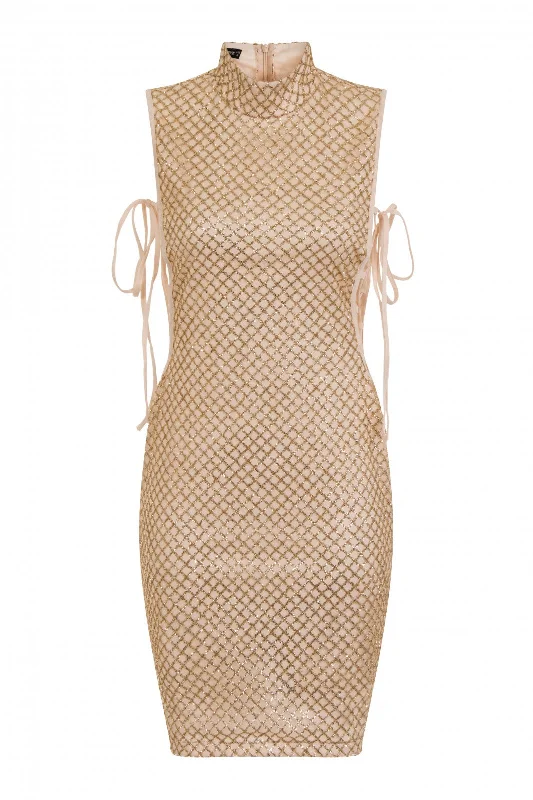 Rena Gold & Nude High Neck Tie Side Shimmer Sparkle Dress