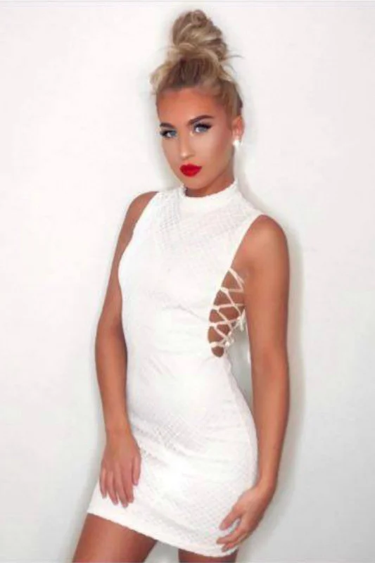 Rena White & Nude High Neck Tie Side Shimmer Sparkle Dress