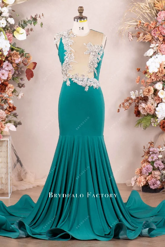 Rhinestone Jade Jersey Cutout Back Mermaid Prom Dress