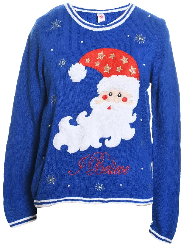 Santa Claus Blue Knit Christmas Jumper - M Herringbone Houndstooth Plaid