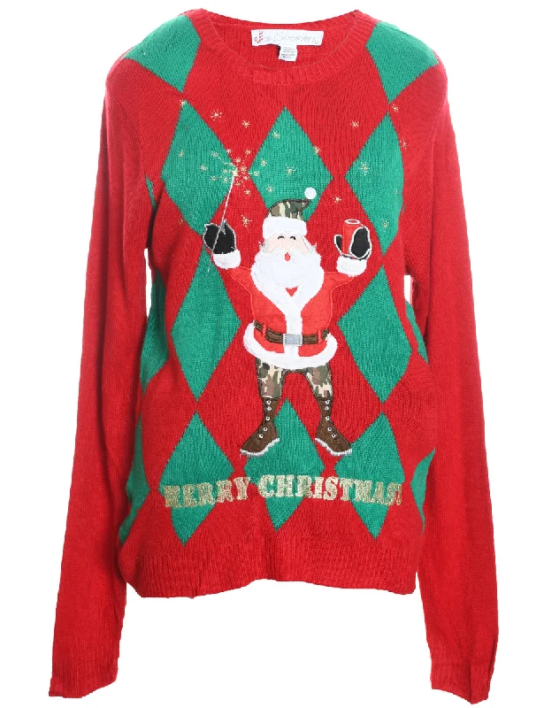 Santa Claus Christmas Jumper - M Ribbed Striped Patterned