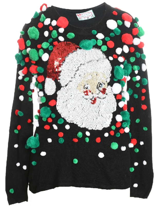 Santa Claus Design Black, Green & Red Sequined Christmas Jumper - M Machine Wash Dry Clean Hand Wash