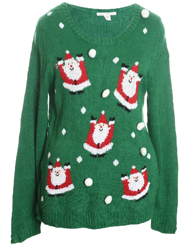 Santa Claus Design Green Knit Christmas Jumper - XL Hooded Sweater Collared Sweater Shawl Collar