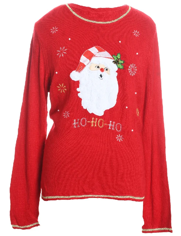 Santa Claus Design Red Embroidered Christmas Jumper - L Mesh Fabric Canvas Fabric Denim Fabric