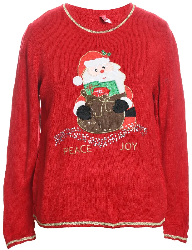 Santa Claus Design Red Embroidered Christmas Jumper - S Thin Thick Dense