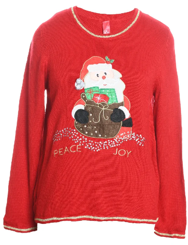 Santa Claus Design Red Embroidered Knit Christmas Jumper - M High Neck Crew Neck V-Neck