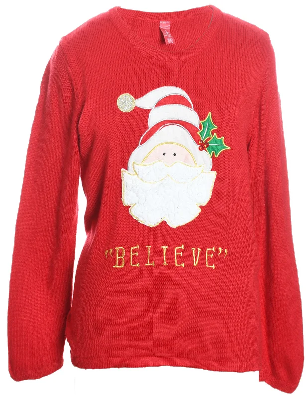 Santa Claus Design Red Knit Christmas Jumper - L Denim Fabric Leather Fabric Suede Fabric