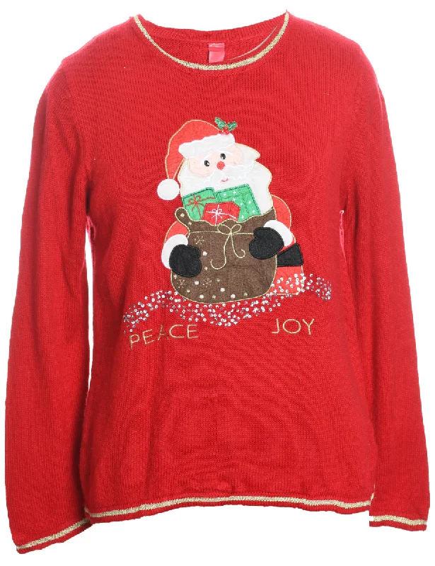 Santa Claus Design Red Knit Christmas Jumper - M Hooded Sweater Collared Sweater Shawl Collar