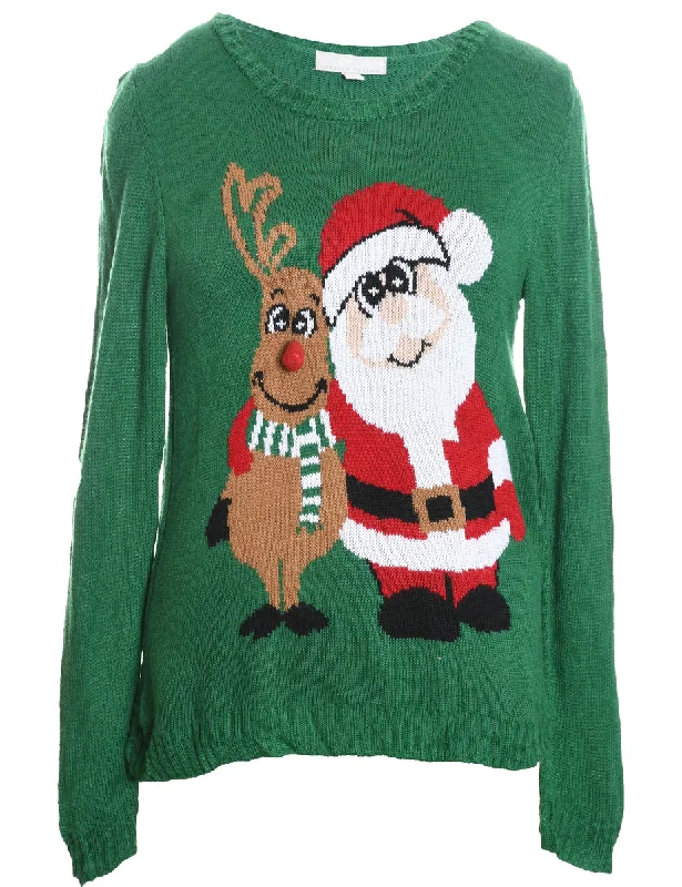 Santa Claus & Reindeer Christmas Jumper - L Stretchy Elastic Breathable