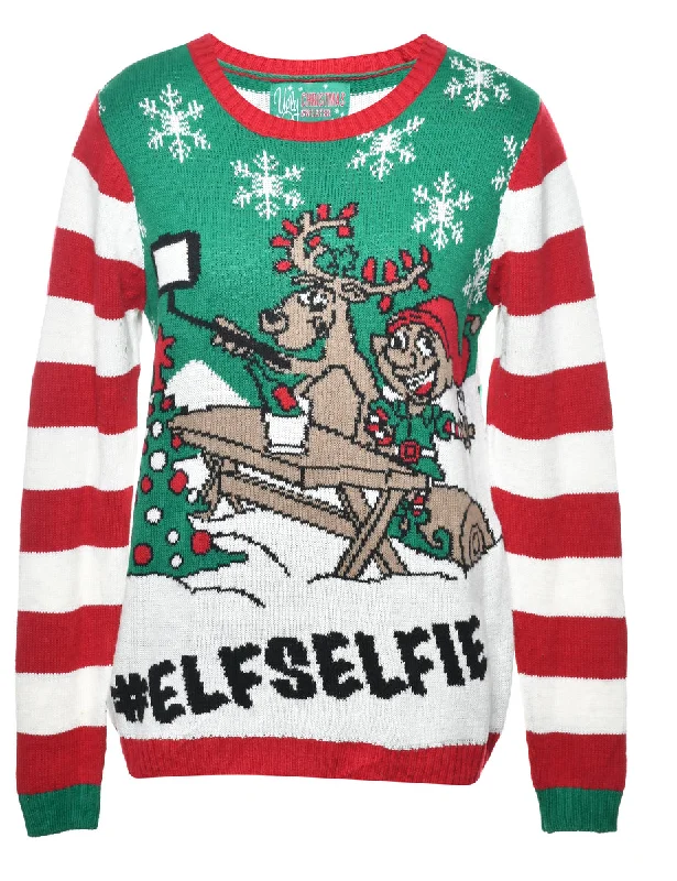 Santa Claus & Reindeer Christmas Jumper - M Cashmere Blend Cotton Blend Poly Blend