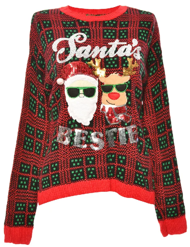 Santa Claus & Reindeer Christmas Jumper - M High Neck Crew Neck V-Neck