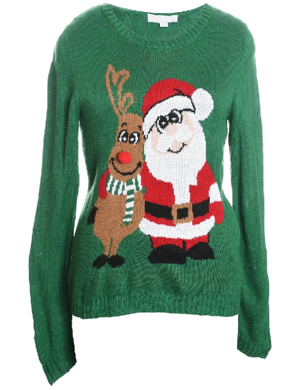 Santa Claus & Reindeer Green Knit Christmas Jumper - L Boat Neck Shawl Collar Notched Collar