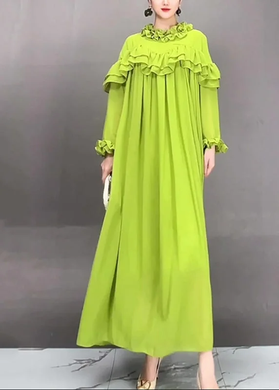 Simple Green Turtleneck Ruffled Patchwork Long Dress Petal Sleeve