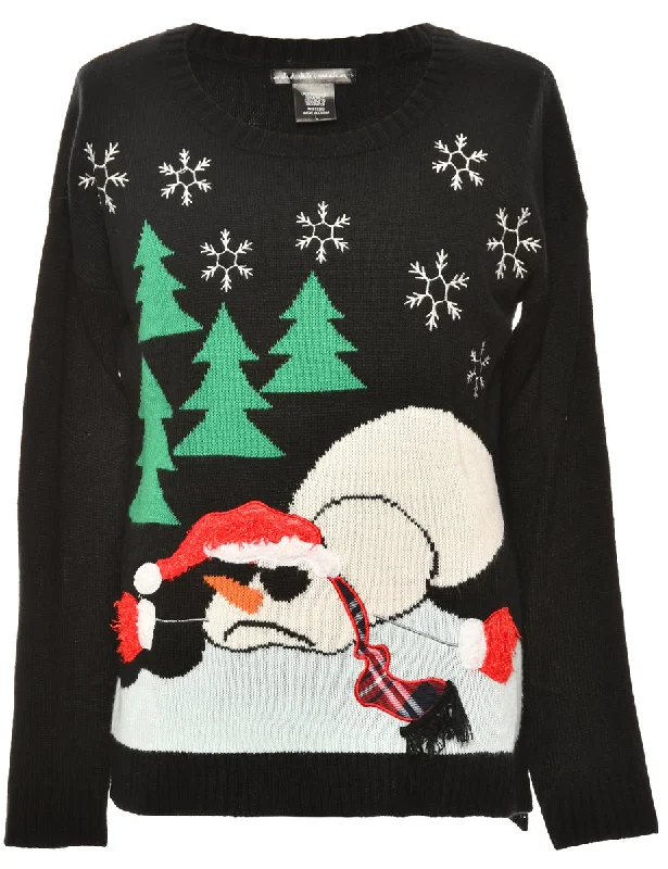 Snowman Black Classic Christmas Jumper - L Glossy Satin Silk